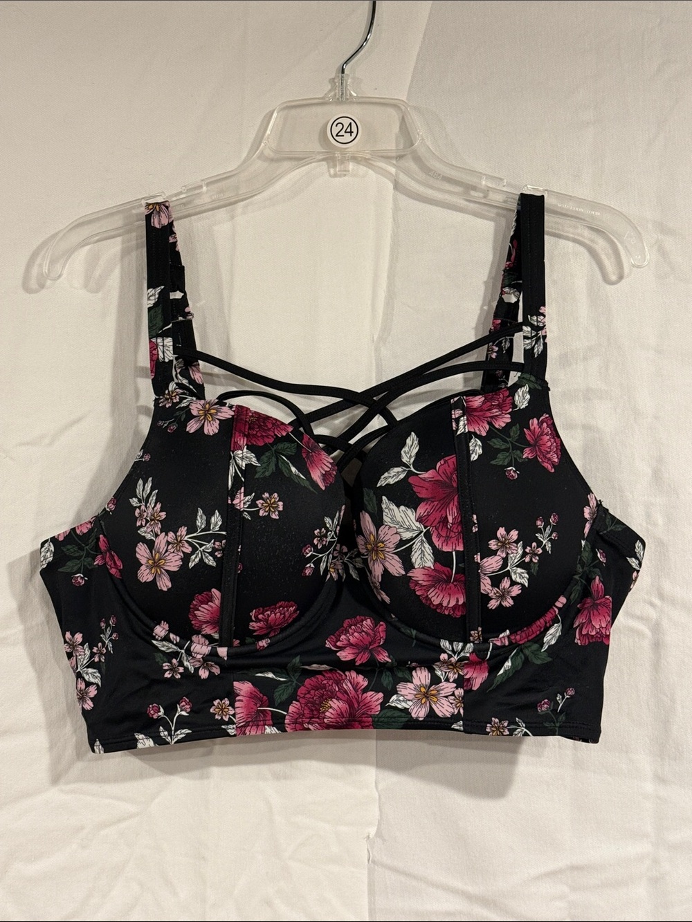 Torrid Floral Strappy Longline Bikini Top - Black with Pink Floral, 1R